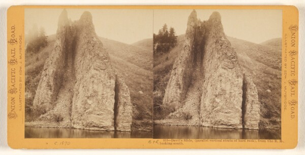 Eadweard J. Muybridge, Devil's Slide, (parallel vertical strata of hard rock), from the R.R., looking South.