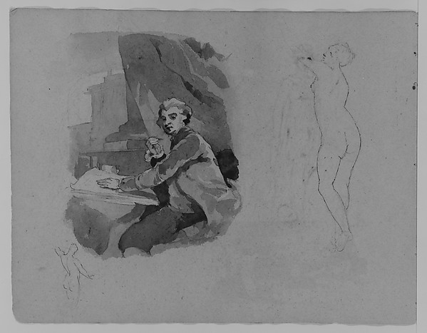 Thomas Sully, Portrait of Seated Man with Pen and Paper; Standing Female Nude, Rear View (from Sketchbook)