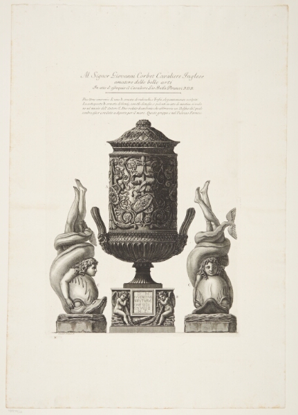 Giovanni Battista Piranesi, To urner, den ene udsmykket med trofæskjolde og placeret oven på den anden, hvis sokkel er dekoreret med to genier med fakler. Hertil to afbildninger af en marmorskulptur med en dreng, der omfavner en delfin