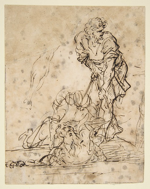 Salvator Rosa, Studies for a Figure Lifted from a Grave or Pit by Cords (recto); Further Study of the Same Figure (verso)