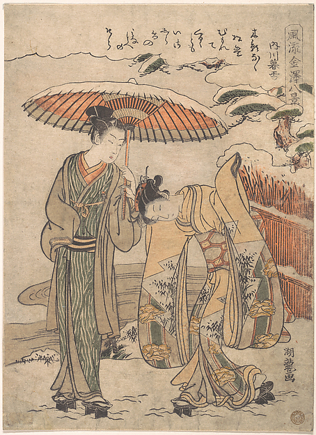 Isoda Koryūsai, Evening Snow at Uchikawa (Uchikawa no bosetsu), from the series Fashionable Eight Views of Kanazawa