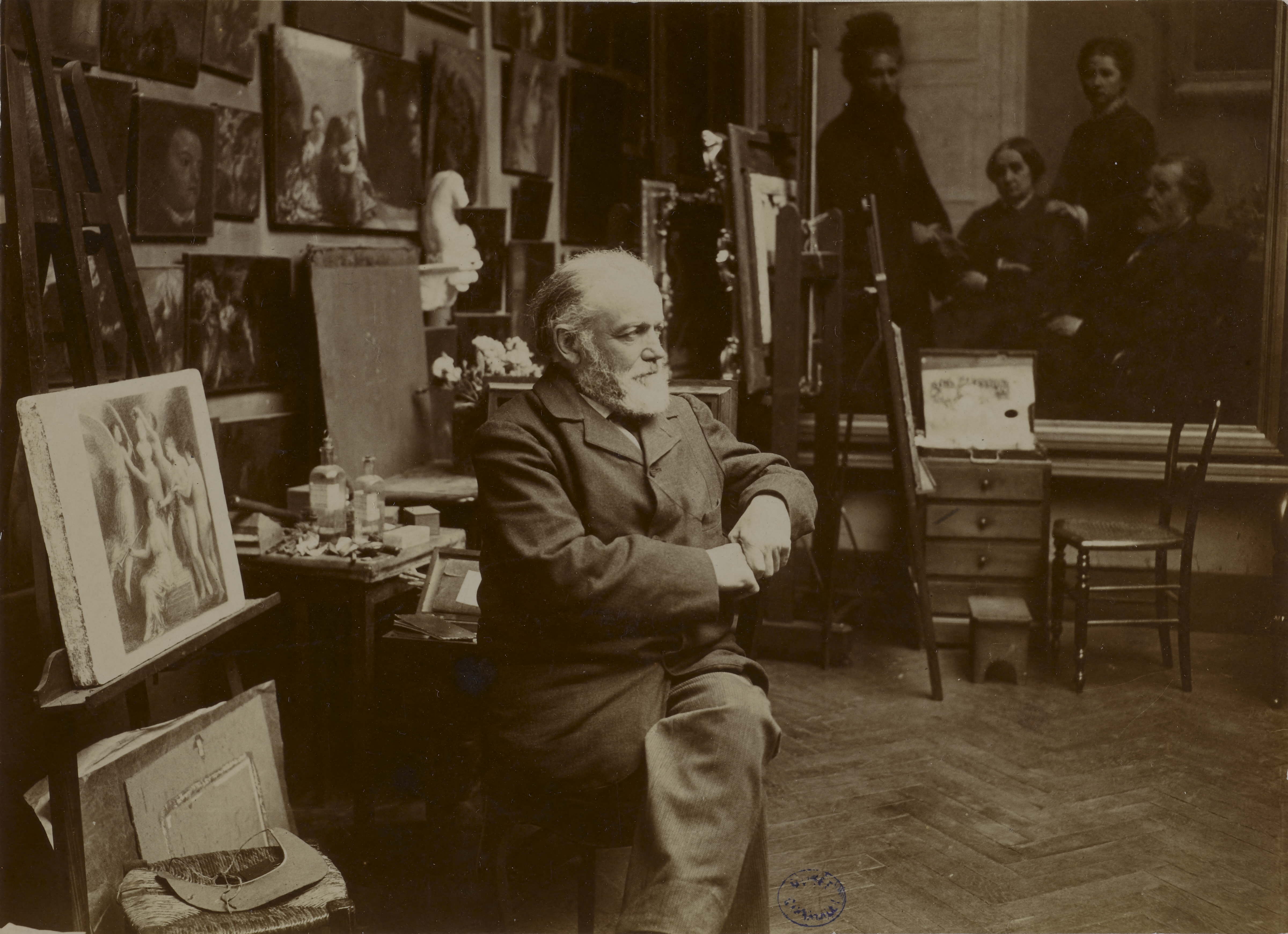 Anonyme, Portrait de Fantin-Latour devant son chevalet (avec une pierre lithographique), assis de trois-quart face dans son atelier