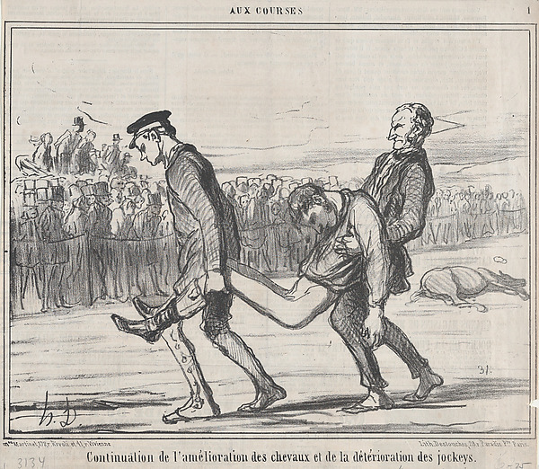 Honoré Daumier, Continuation de l'amélioration des chevauz et de la détérioration des jockeys., from Aux Courses, published in Le Charivari, April 13, 1859