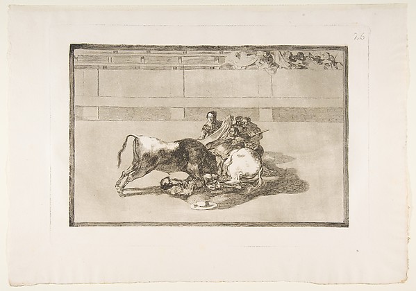 Goya (Francisco de Goya y Lucientes), Plate 26 from "La Tauromaquia": A picador is unhorsed and falls under the bull