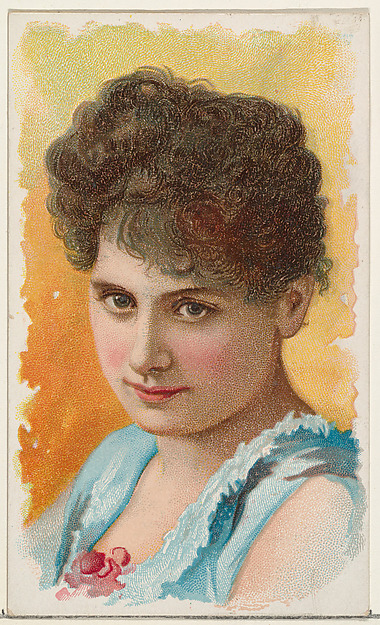 W. Duke, Sons & Co., Actress wearing blue sleeveless bodice with red flower at neckline, from Stars of the Stage, First Series (N129) issued by W. Duke, Sons & Co. to promote Honest Long Cut Tobacco