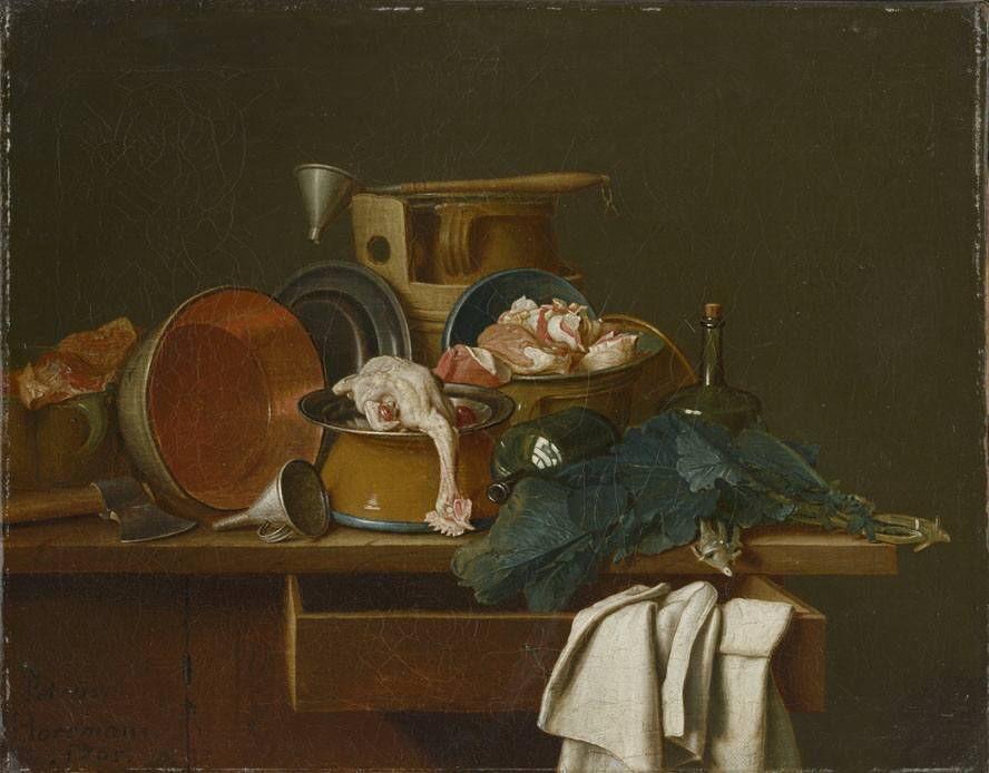 Peter Jacob Horemans, Stillleben mit Küchengeschirr und gerupftem Huhn