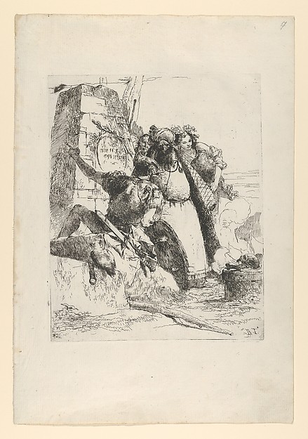 Giovanni Battista Tiepolo, A magician, a soldier and three figures watching a burning skull from the Scherzi di Fantasia