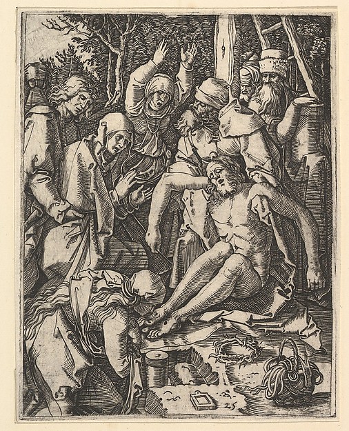 Marcantonio Raimondi, The Deposition; Christ being taken from the Cross, a man on a ladder is holding the body while St John is supporting the weight with a cloth rope, from "The Passion of Christ", after Dürer