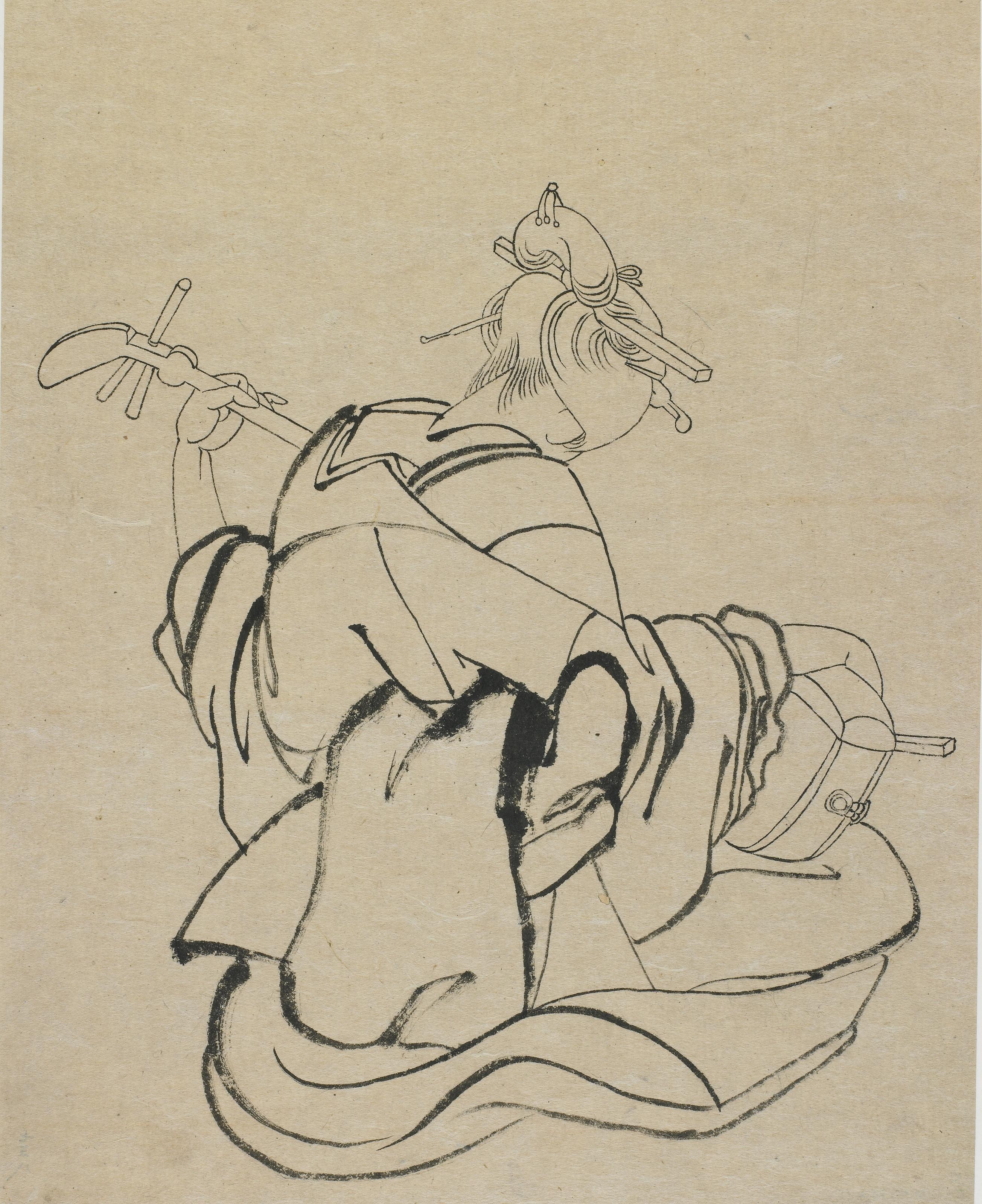 Katsushika Hokusai, Woman with back to observer playing samisen