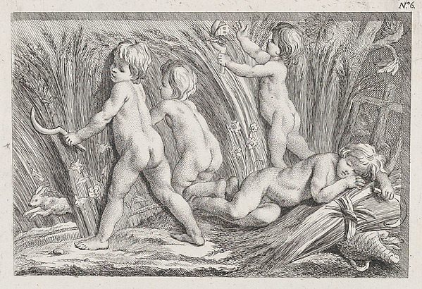 Anonymous, Nude children shearing wheat; an allegory of Summer; after a bas-relief on the Fontaine des Quatre-Saisons (Paris)