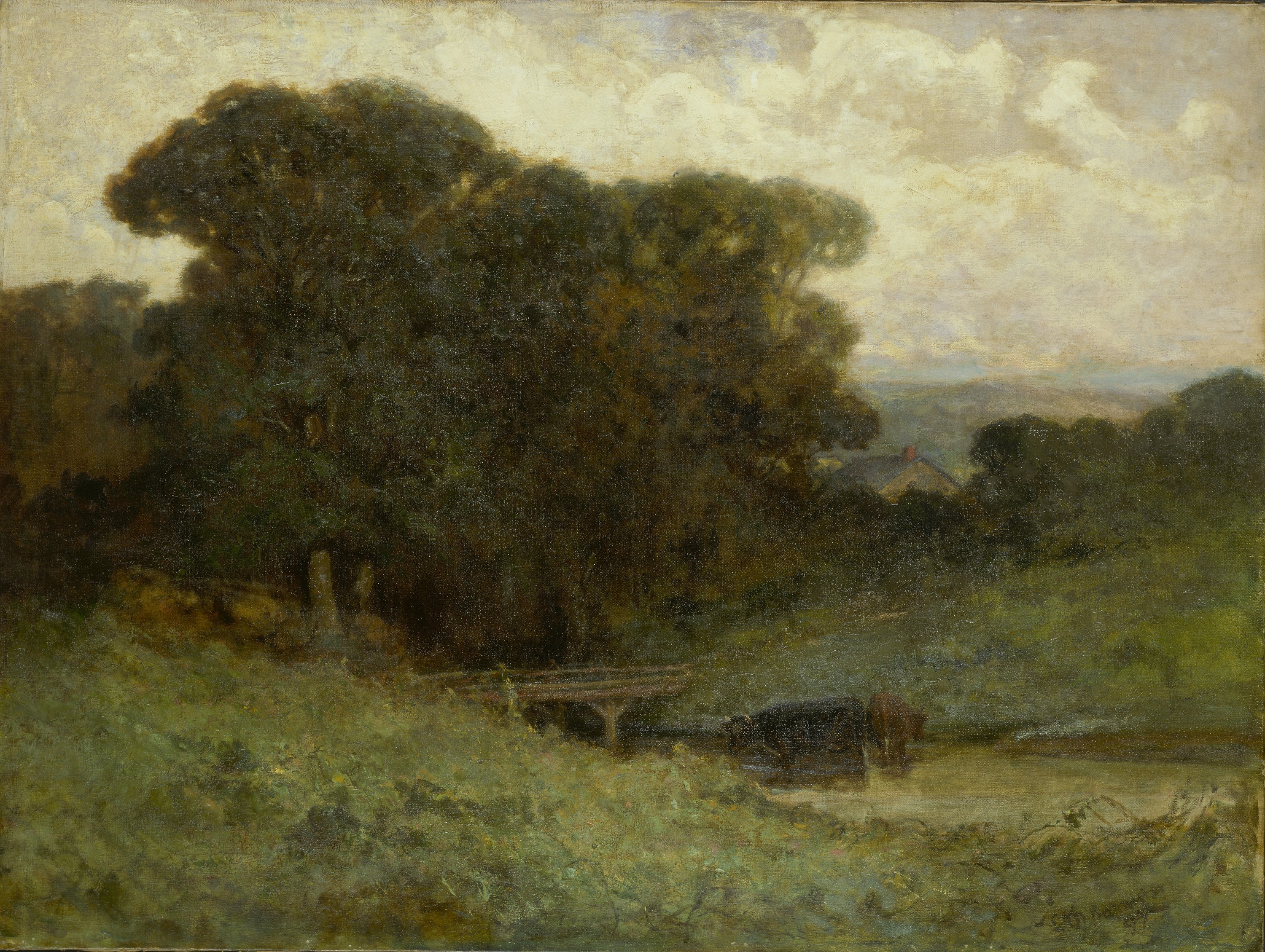 Edward Mitchell Bannister, Untitled (forest scene with bridge, cows in stream in foreground)