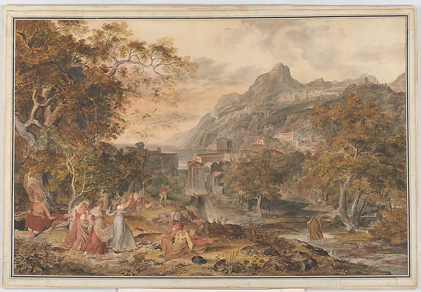 Joseph Anton Koch, View of Vietri with Young Country Women Dancing for Shepherds in the Foreground