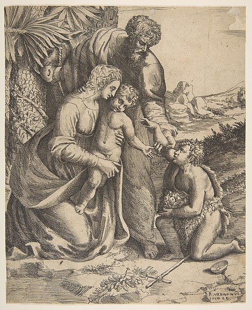 Giulio Bonasone, Holy Family with Saint John the Baptist who kneels at the right