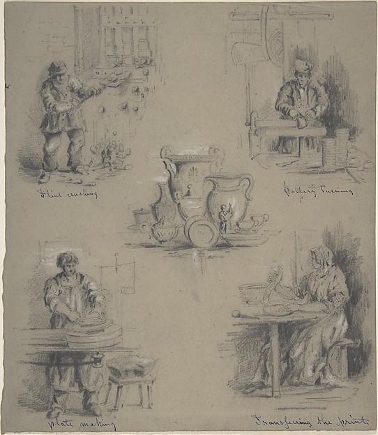 Anonymous, British, 19th century, Five drawings showing the manufacture of china