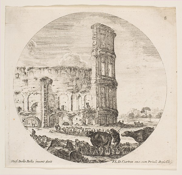 Stefano della Bella, The Colosseum, two herds being directed towards the amphitheater in the foreground, plate 8 from "Roman landscapes and ruins" (Paysages et ruines de Rome)