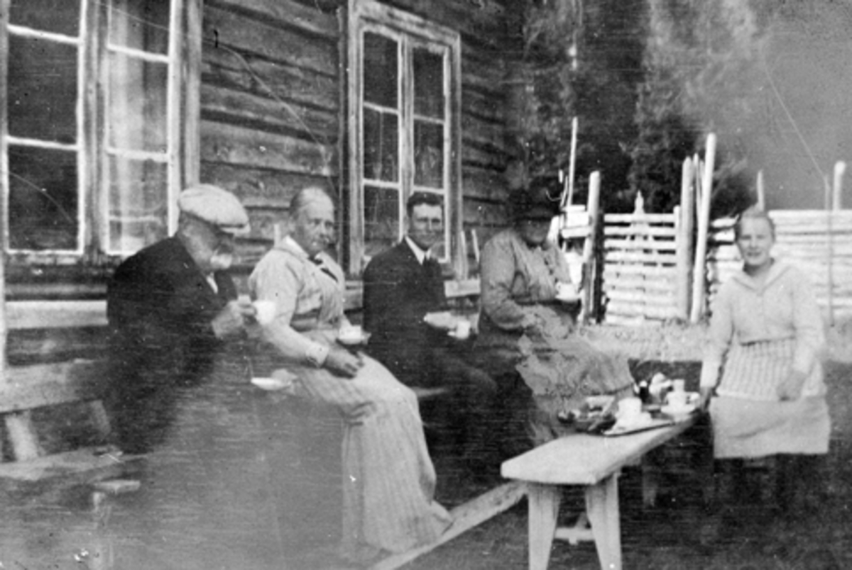 Anno Domkirkeodden, Nordvang, Fuglsengsetra, under Simenstad gard i Veldre. Bnr. 138-1. Fra venstre Ansten Simenstad, Gunda Smestad (usikker), Håken Simenstad, Dina Simenstad eller Gunda Simenstad (usikker) Jenta til høyre trolig hushjelp.
