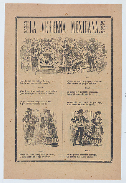 José Guadalupe Posada, Broadsheet with a verse about a woman who rejects a male suitor for another, vignettes of a woman talking to various men