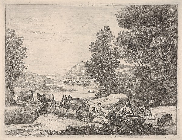 Claude Lorrain (Claude Gellée), Shepherd and shepherdess conversing in a landscape, with a bridge in the background