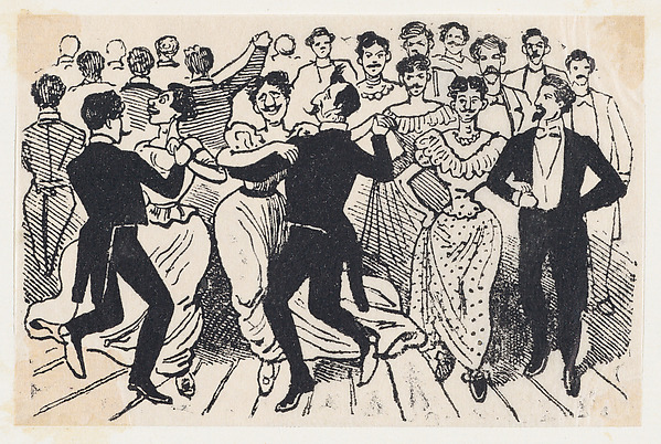 José Guadalupe Posada, A dance with men in dresses paired with men in suits from a broadside entitled 'Los 41 maricones encontrados en un baile de la Calle de la Paz el 20 de Noviembre de 1901'