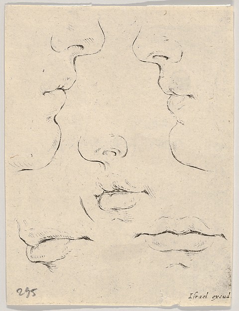 Stefano della Bella, Plate 4: Two profiles and three mouths, from "The Book for Learning to Draw" (Livre pour apprendre à dessiner)