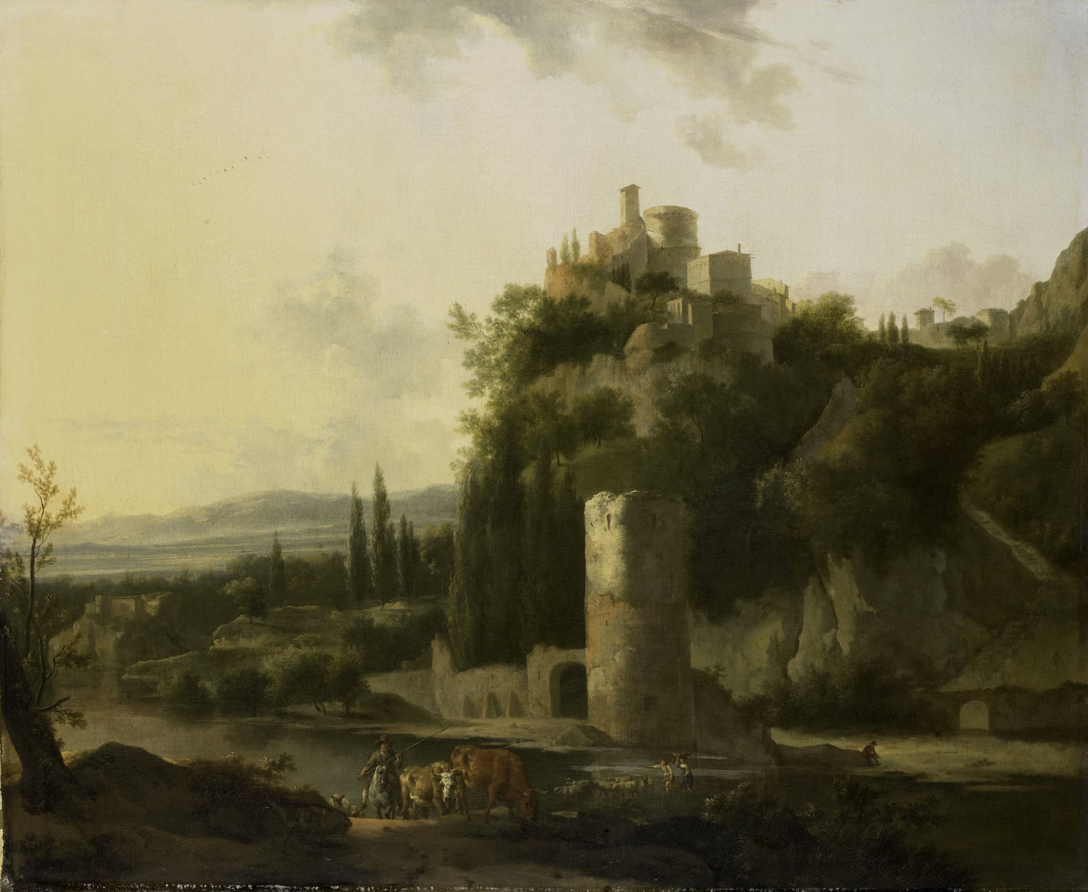 Frederik de Moucheron, Italina landscape with round tower