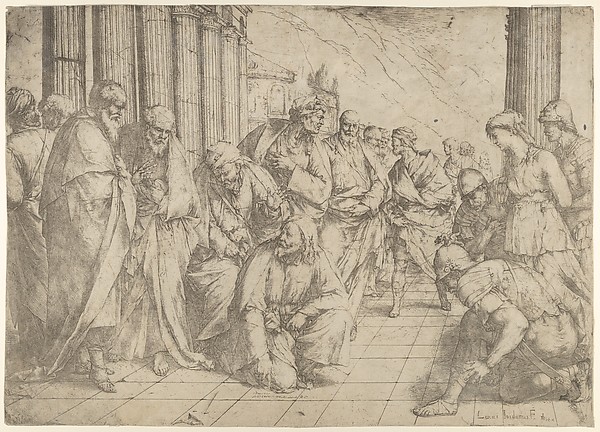 Luca Giordano, Christ kneels and writes on the pavement at center and a woman taken in adultery by three soldiers at right