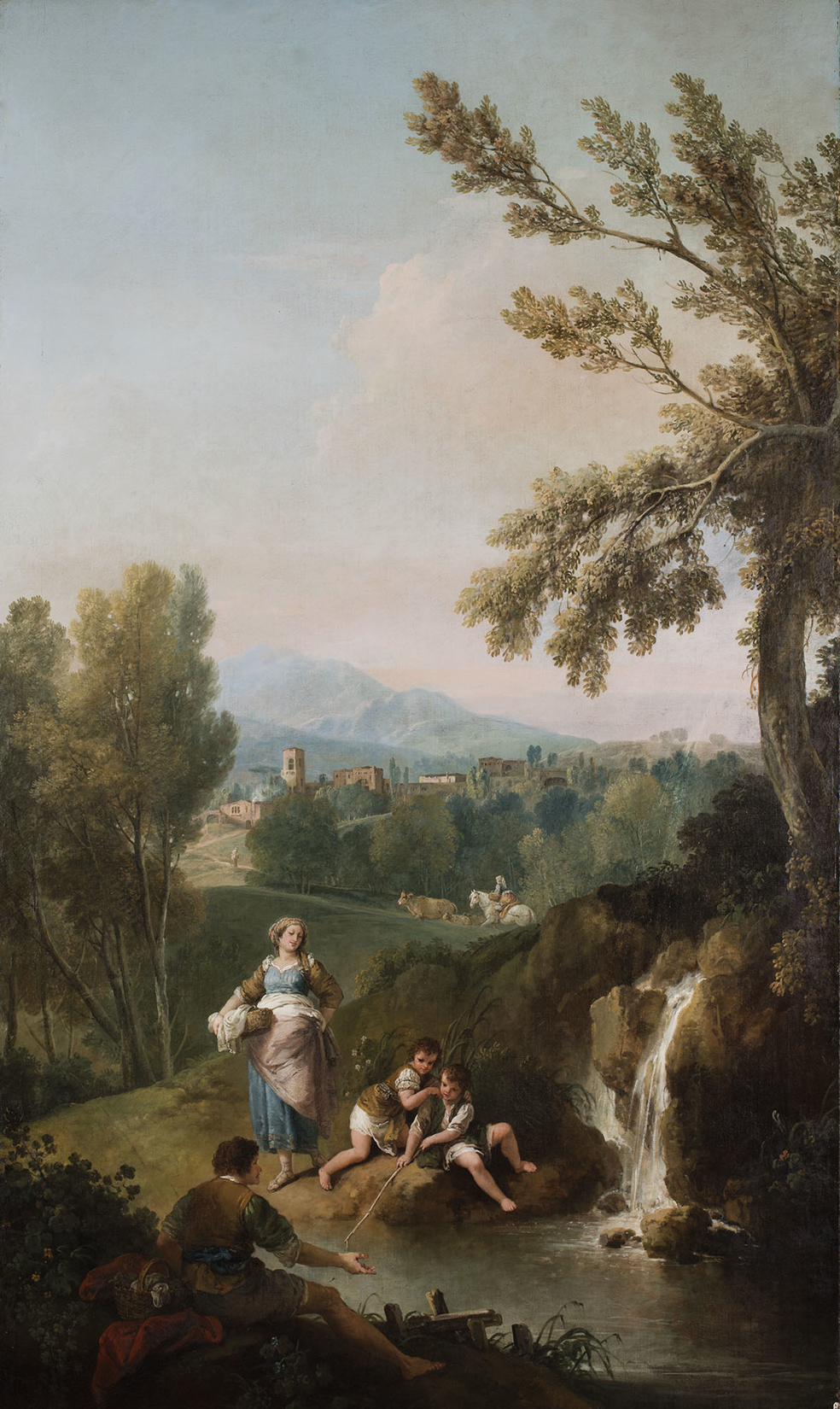 Francesco Zuccarelli, Hilly Landscape with two Children Fishing Watched by a Standing Woman and a Seated Man