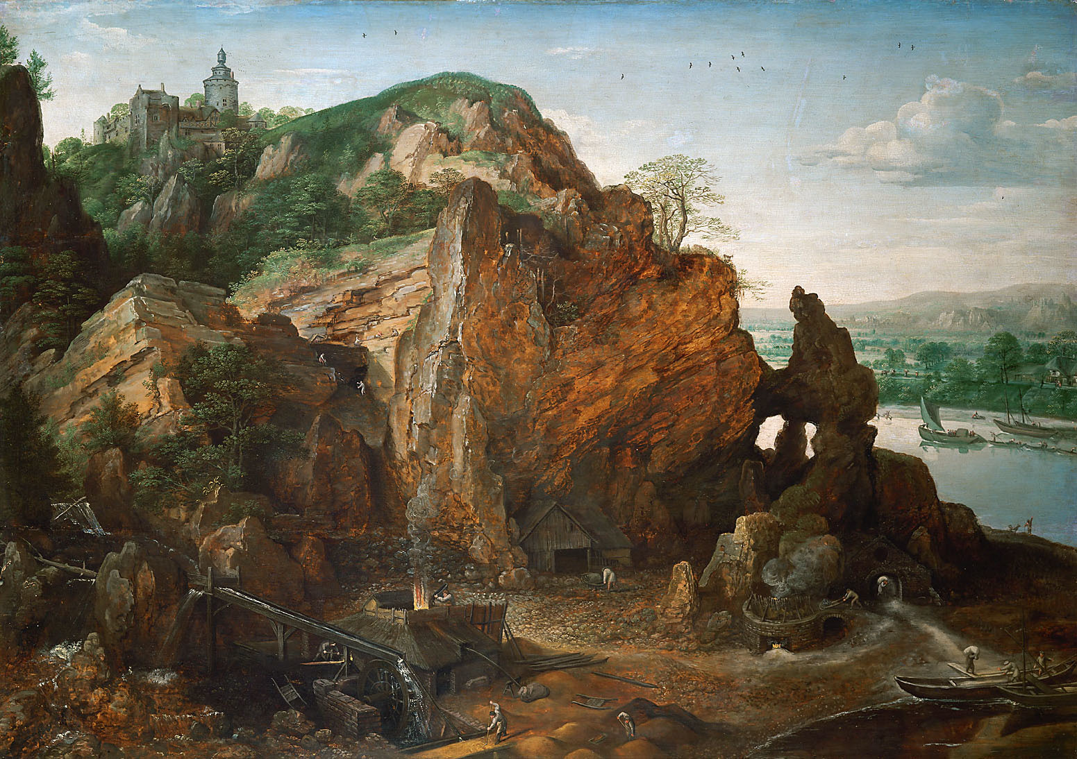 Lucas van Valckenborch, Maaslandschaft mit Bergwerk und Schmelzhütten