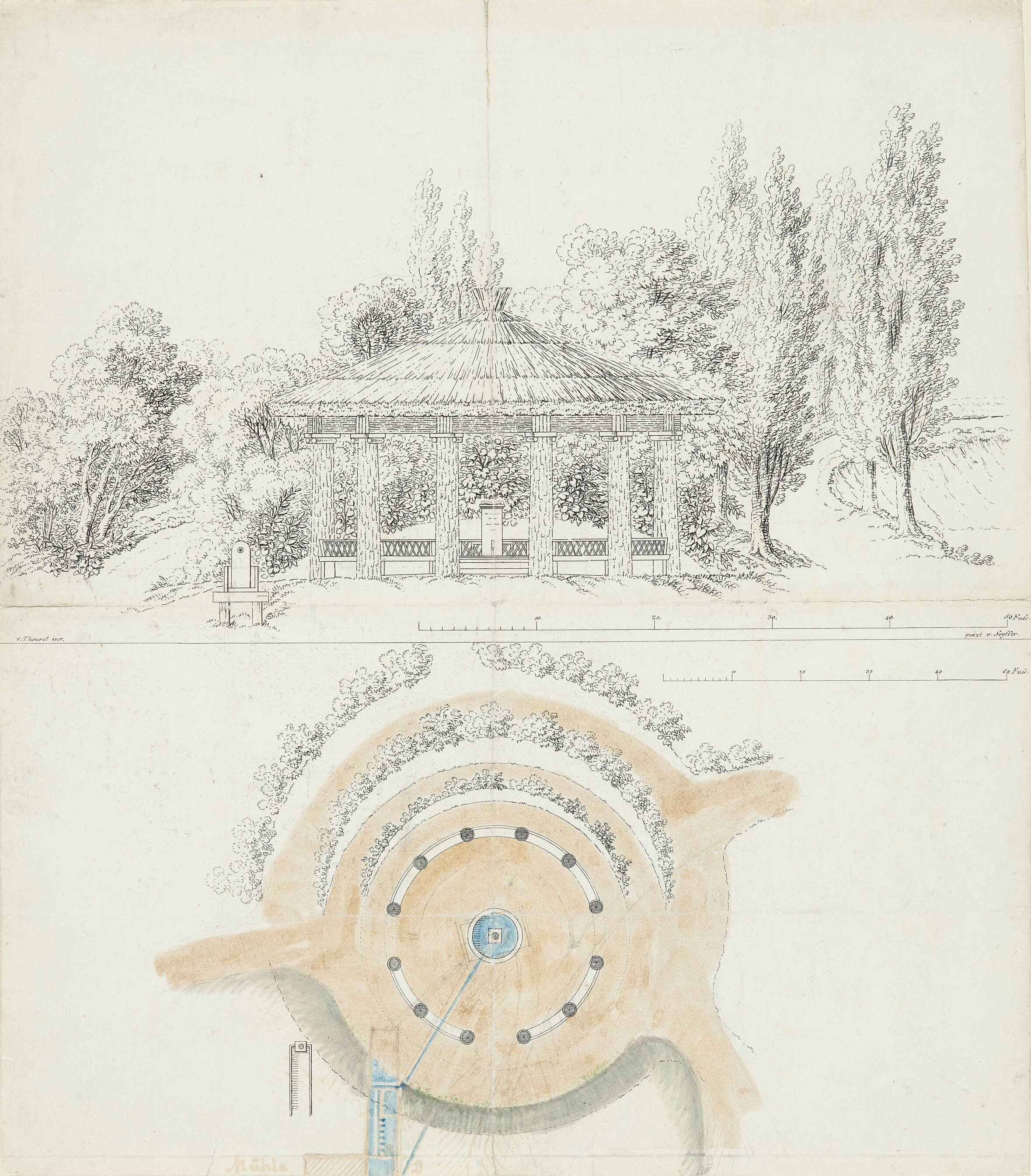 August Seyffer, Ansicht und Grundriss des Brunnenpavillons in Cannstatt am Sulzerrain um 1819