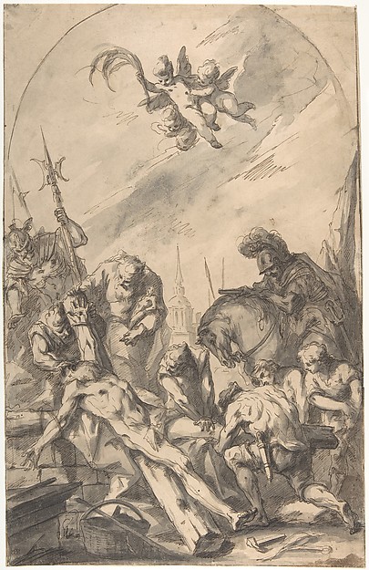 Gaspare Diziani, The Martyrdom of Saint Andrew (recto); Back of a Woman Wearing a Long Dress with a Ruff (verso)