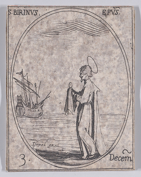 Jacques Callot, S. Birin, évêque (St. Birinus, Bishop), December 3rd, from "Les Images De Tous Les Saincts et Saintes de L'Année" (Images of All of the Saints and Religious Events of the Year)