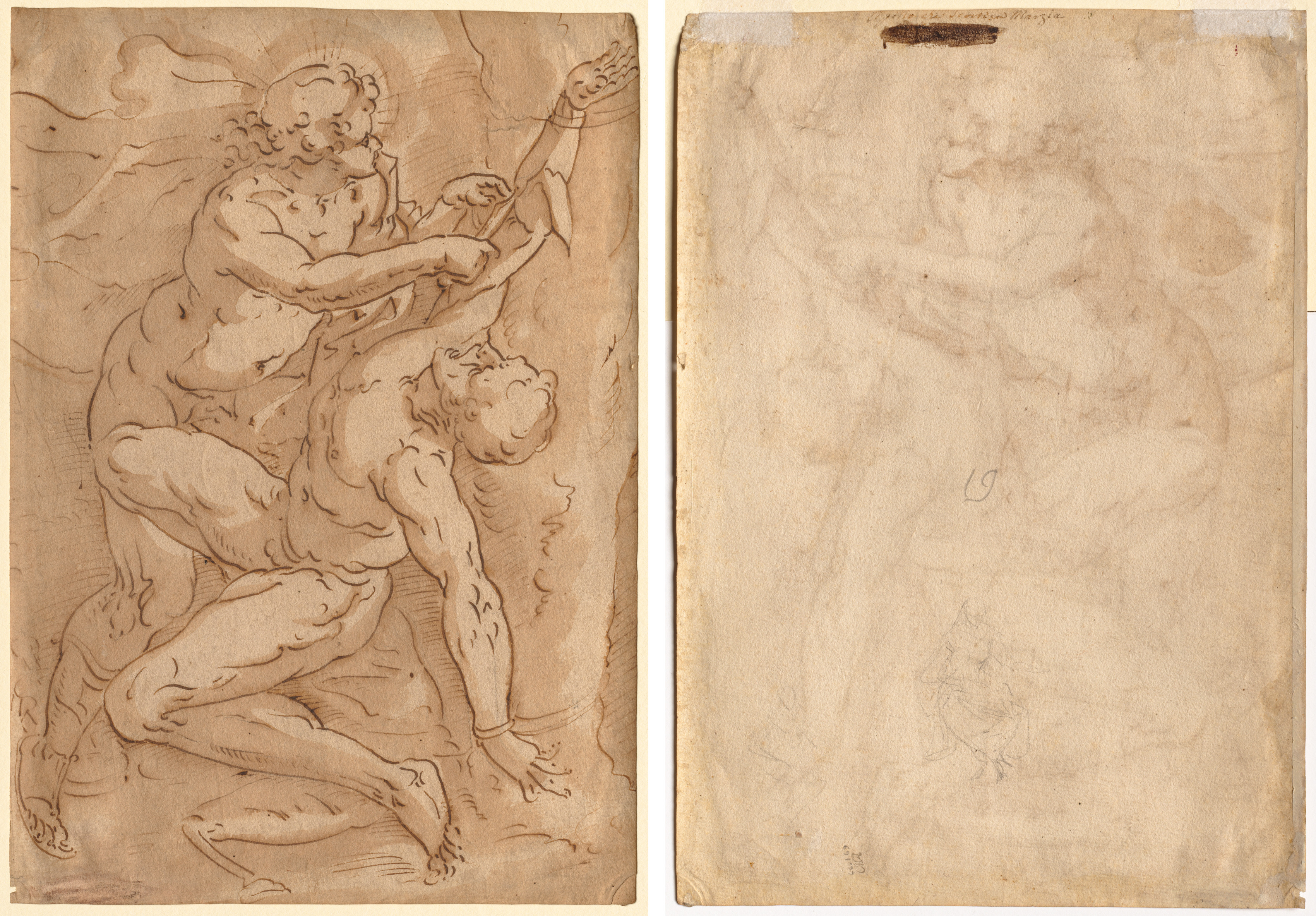 Anonymous, Apollo Flaying Marsyas (recto); Two Sketches of a Mother and Child (verso)