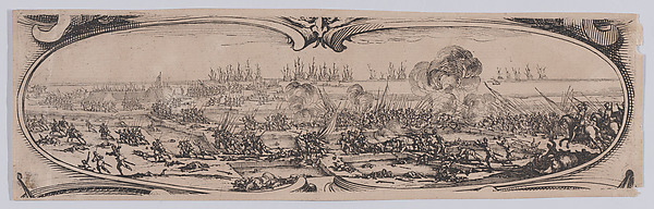 Jacques Callot, Border at Lower Right: Défaite des Anglais (Defeat of the English), from an etching on six plates of a central battle scene framed by ten additional plates, entitled Siège de la Citadelle de St-Martin dans l'Île de Ré (Siege of the Citadel of St. Martin on the Île de Ré)