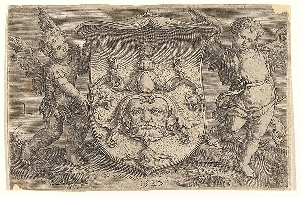 Lucas van Leyden, Coat of Arms with a Mask, Held by Two Genii
