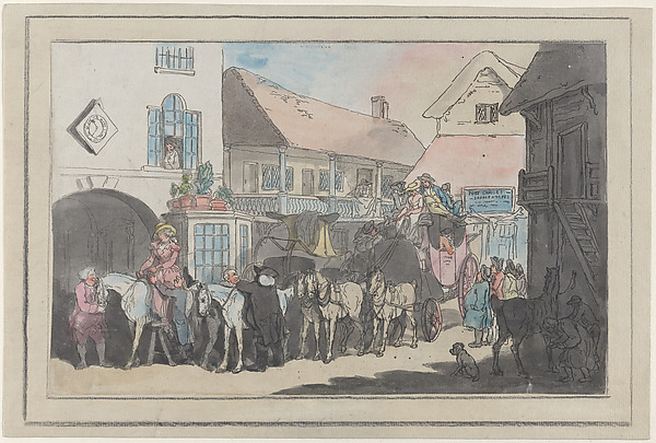 Thomas Rowlandson, Stage Coach and Riders in the Yard of an Inn, Preparing to Depart