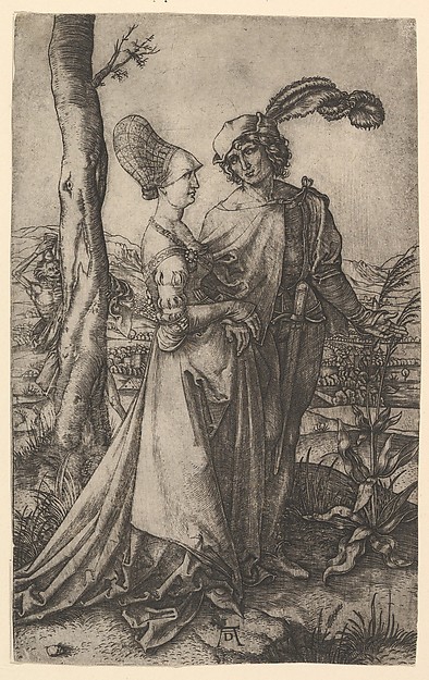 Marcantonio Raimondi, Lord and lady walking with figure of death hiding behind a tree, holding an hourglass, The Promenade after Dürer