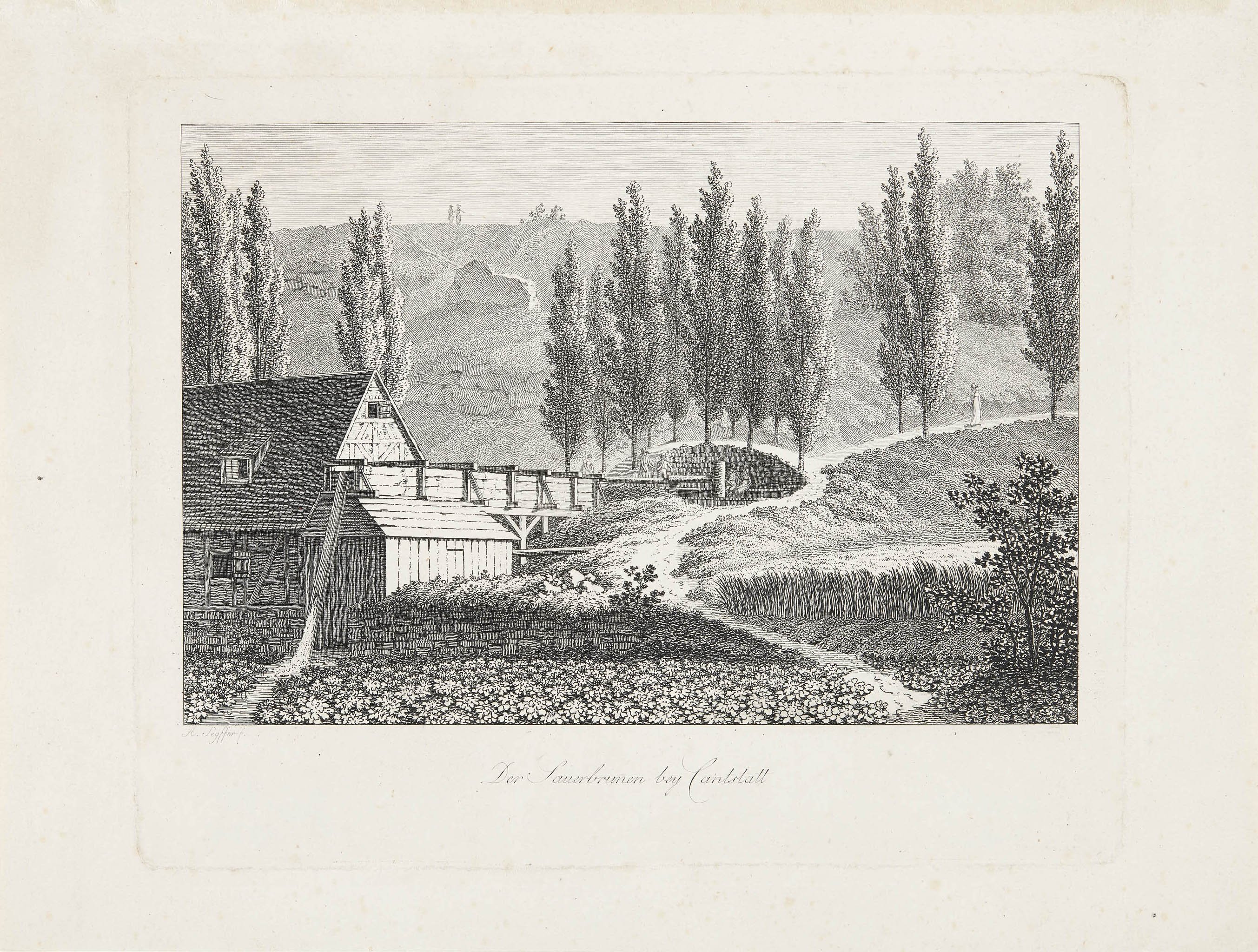 August Seyffer, Ansicht der Ölmühle und der Mineralquelle am Sulzerrain in Cannstatt