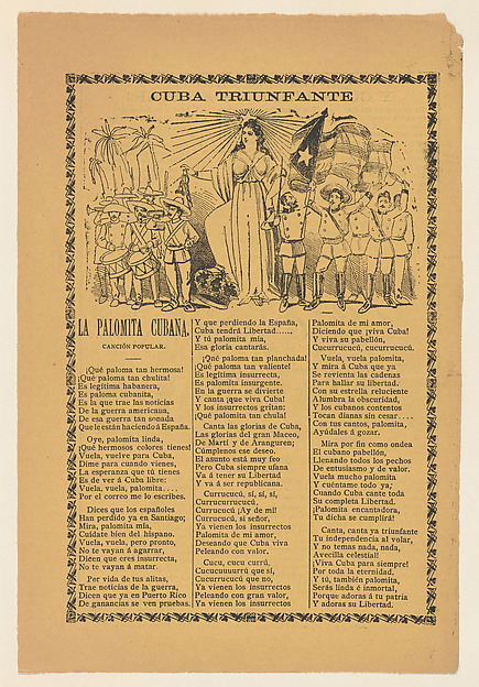 José Guadalupe Posada, Broadside celebrating Cuba's victory over Spain in the Spanish American War, soldiers holding the Cuban flag and flanking the alleogorical figure of Cuba