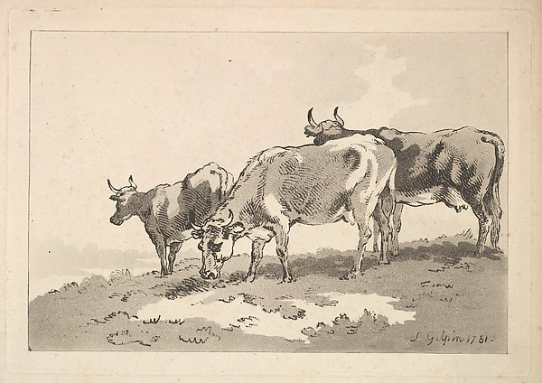 Thomas Rowlandson, Three Cows Standing on the Ridge of a Field