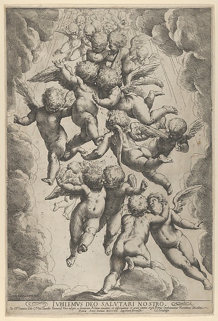 Guido Reni, A group of angels embracing in flight, framed by clouds