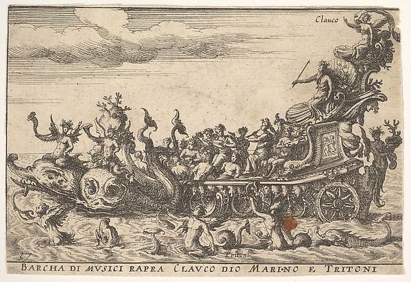 Anonymous, Plate 16: Ship of musicians with the sea god Claucus and tritons (Barcha di musici rapra Clauco dio marino e Tritoni), from "The magnificent pageant on the river Arno in Florence for the marriage of the Grand Duke" (Le Magnifique carousel fait sur le fleuve de l'Arne a Florence, pour le mariage du …