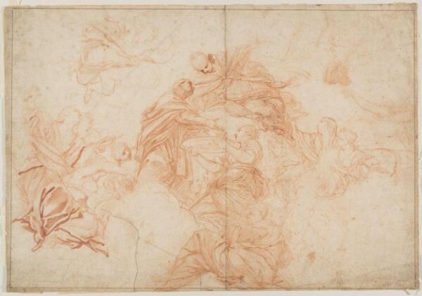 Unknown, Study (unfinished) for a ceiling painting, showing a vision in the clouds of a woman presenting an offering on a dish to two priests, with other figures