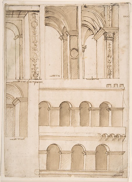 Anonymous, Italian, 16th century, Architecture Study containing Details of One or Several Buildings (possibly part of the street-facing architecture of old Saint Peter's Square in Rome)