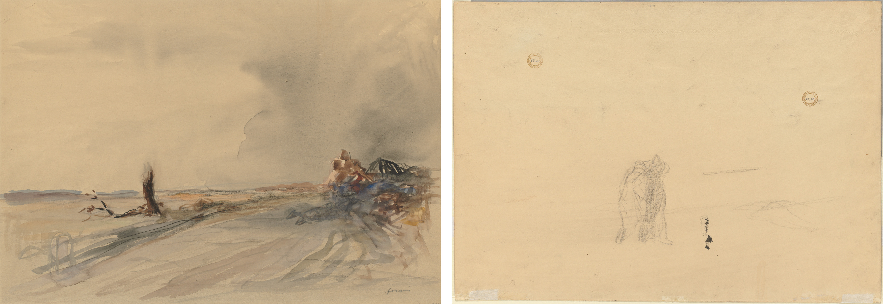 Jean Louis Forain, Devastated Land (recto); Figures in a Landscape (verso)