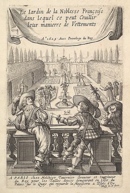 Abraham Bosse, Three Gentlemen Leaning on a Banister Overlooking a Garden where Lovers Stroll, from "The Garden of the French Nobles In Which One Can Pick Up Their Way of Dressing"