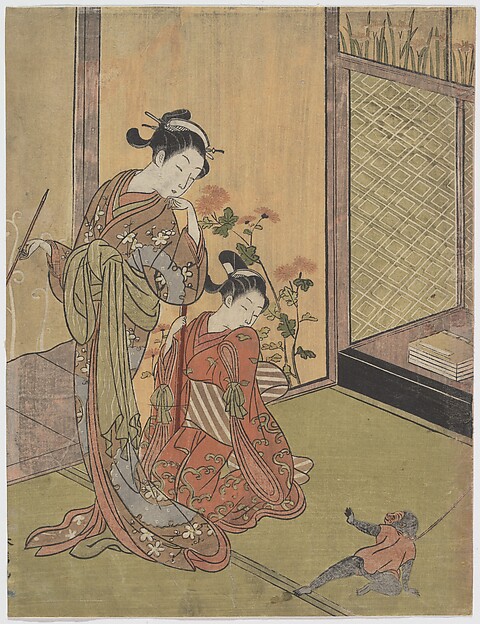 Suzuki Harunobu, Two Girls Looking at a Monkey on a Leash