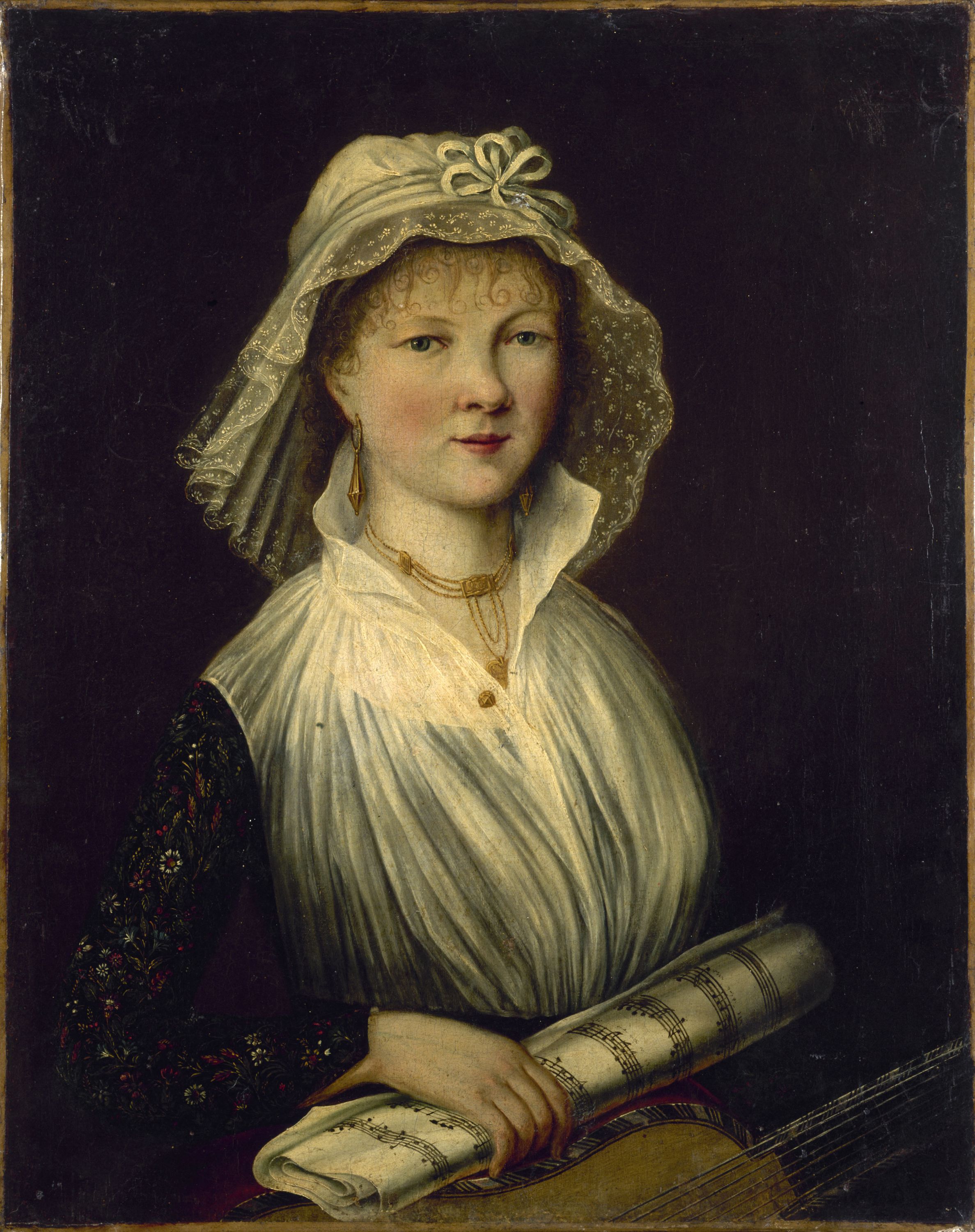 Anonyme, Portrait de femme tenant un rouleau de musique, dite Mme Courcier (1796).