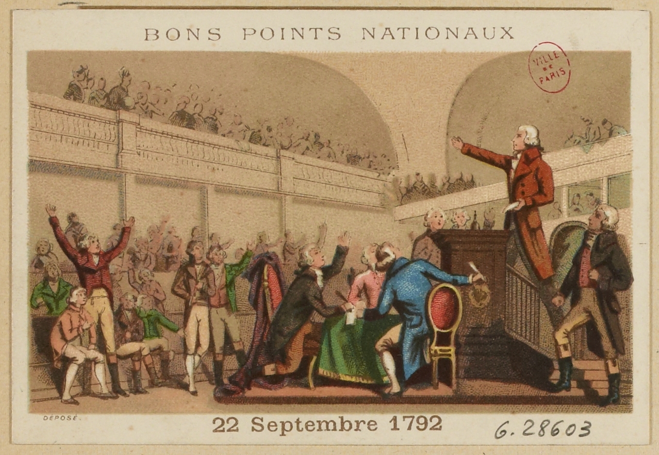 Anonyme, Représentation de la Proclamation par décret (Billaud-Varenne) de l'An I de la République, 22 septembre 1792, à l'Assemblée Nationale, salle des Manèges, palais des Tuileries. Reproduction des "Bons Points Nationaux". Révolution française.