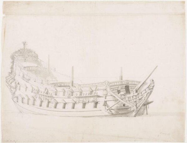 Willem van de Velde the younger, Hull of the Dutch Ship Jaarsveld; Bow View, Starboard Side
