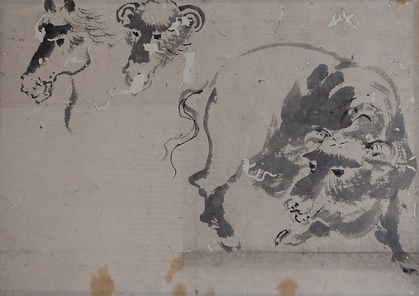 Unidentified artist, Drawing of a Bison, and Heads of a Bison and Horse
